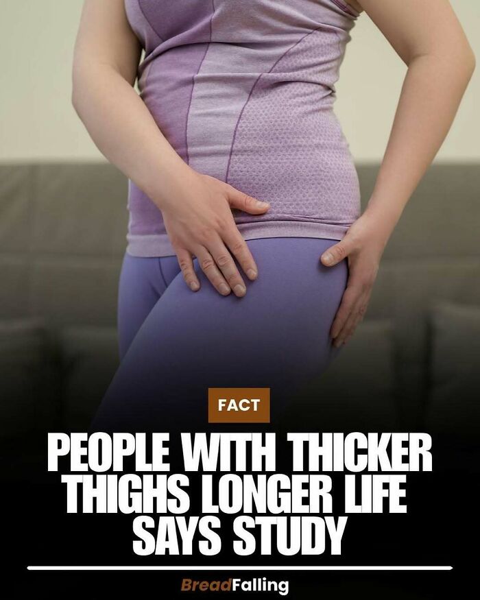 A woman's hands on her thighs, highlighting interesting facts about body type and longevity.