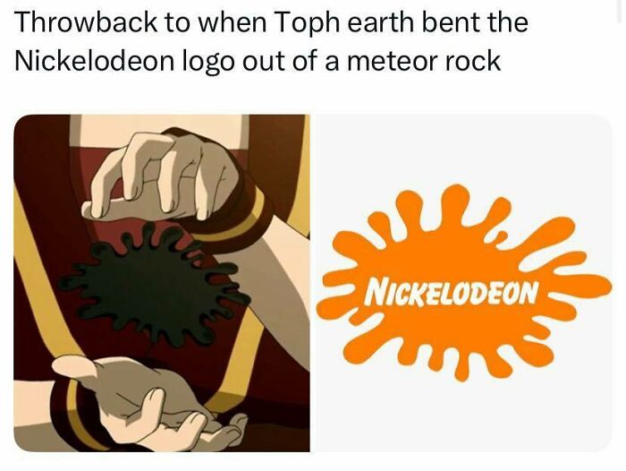 A funny pop culture post showing Toph from Avatar earth bending the Nickelodeon logo out of a meteor rock, bringing good vibes.