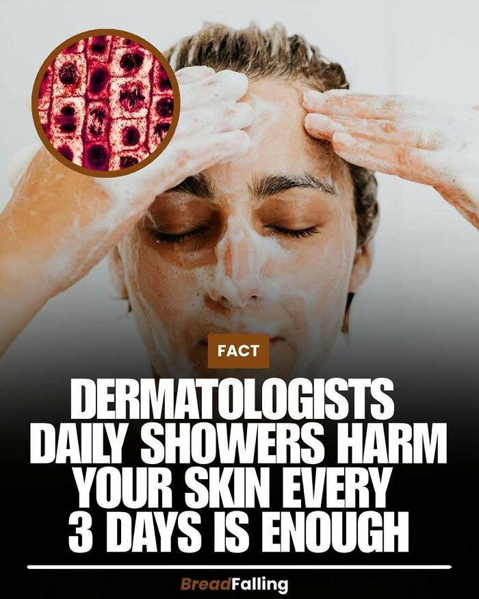 A woman washing her face in the shower, with a magnified skin cell image, relating to interesting facts on skin care.