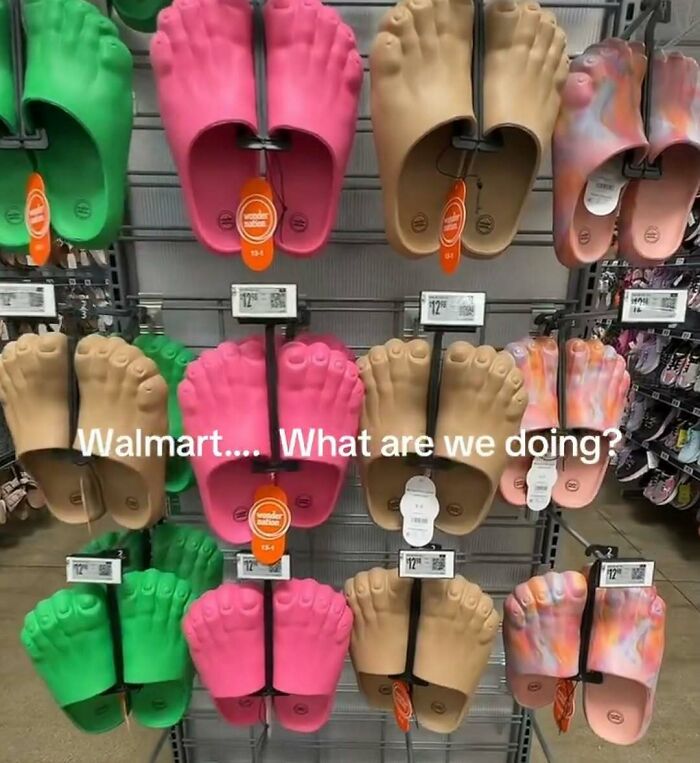 A display of several pairs of sandals shaped like large, cartoonish feet in various colors, part of a collection of cringe memes.