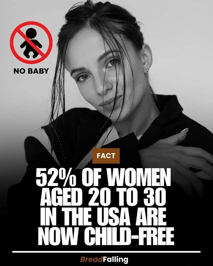A woman with an overlayed no baby icon, showing interesting facts about child-free women in the USA.