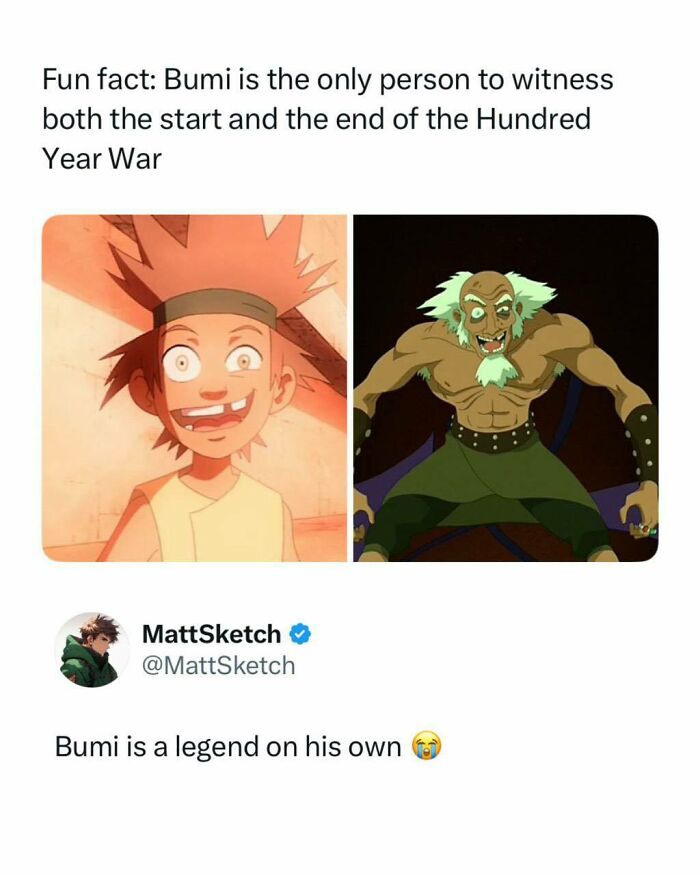 A meme comparing young Bumi and old Bumi from Avatar: The Last Airbender. This is a funny pop culture post.