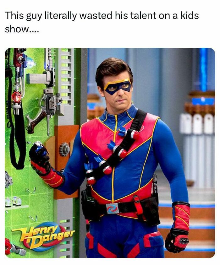 A meme featuring a costumed superhero from Henry Danger, generating funny pop culture posts for good vibes.