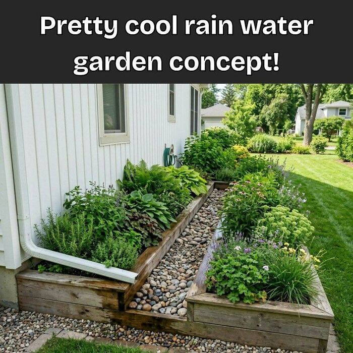 A rain water garden concept, a clever craft project featuring a landscaped bed of plants and rocks next to a house.