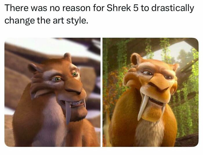 A meme comparing the art style of Ice Age with Shrek, one of the funniest pop culture posts.