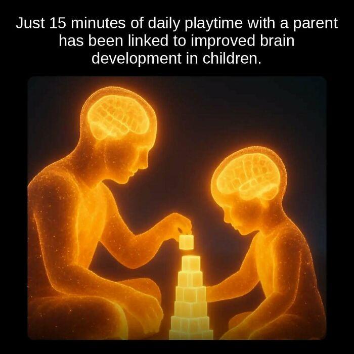 An illustration of an adult and child with glowing brains, building blocks, highlighting unseen facts about brain development.