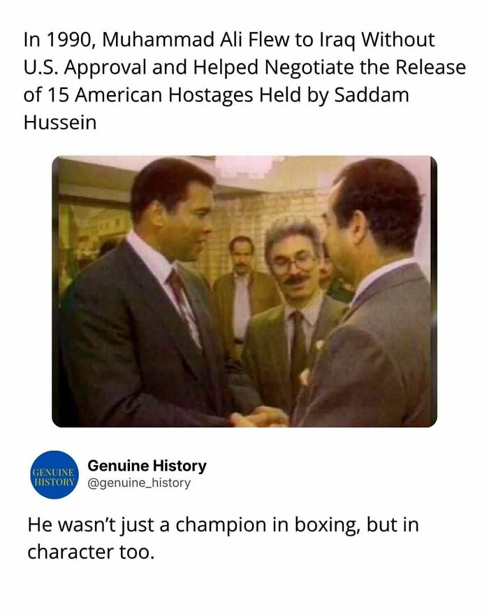 Fascinating facts: Muhammad Ali shaking hands, having helped negotiate the release of American hostages in Iraq.