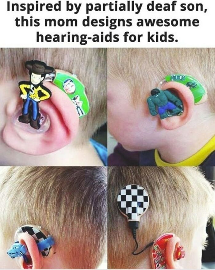 Close-up images of children's ears with colorful hearing aids decorated with popular cartoon figures, a clever craft project.