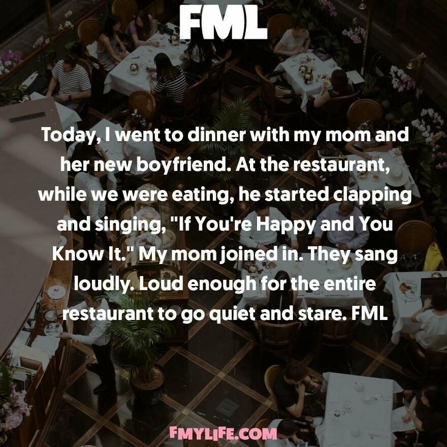 An overhead view of a restaurant filled with people, with a confession about a dinner incident.