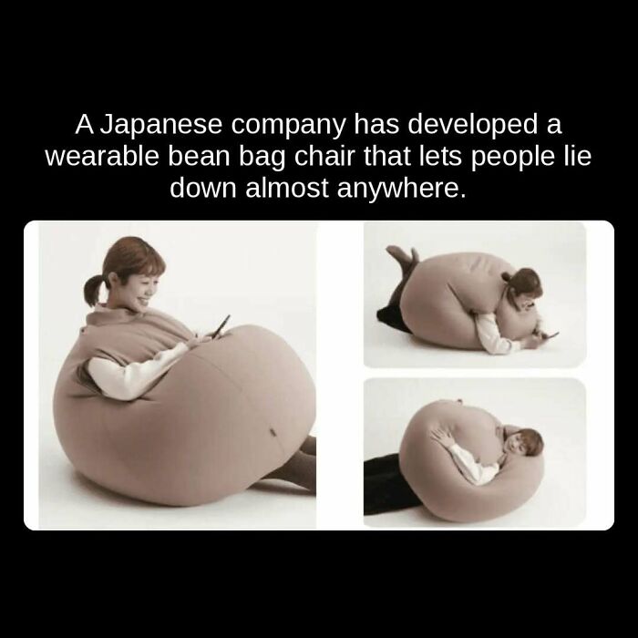 A person in various positions wearing a wearable bean bag chair, demonstrating unseen facts about innovative comfort.