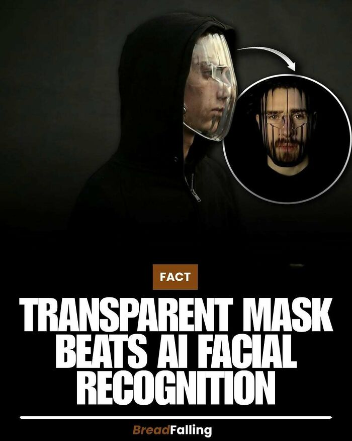 Interesting facts: A transparent mask shown defeating AI facial recognition, illustrating a unique fact.