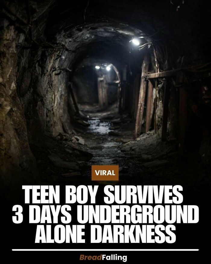 An interesting fact about a teen boy surviving underground alone, showing a dark, dimly lit mine tunnel.