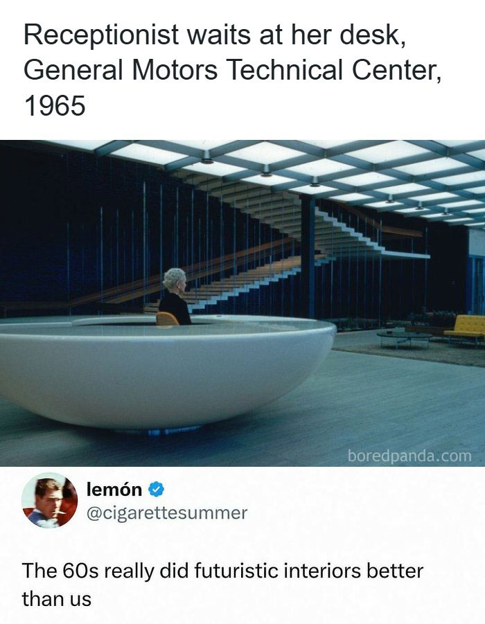 A funny meme featuring a receptionist at her desk at General Motors Technical Center in 1965 with a humorous caption.