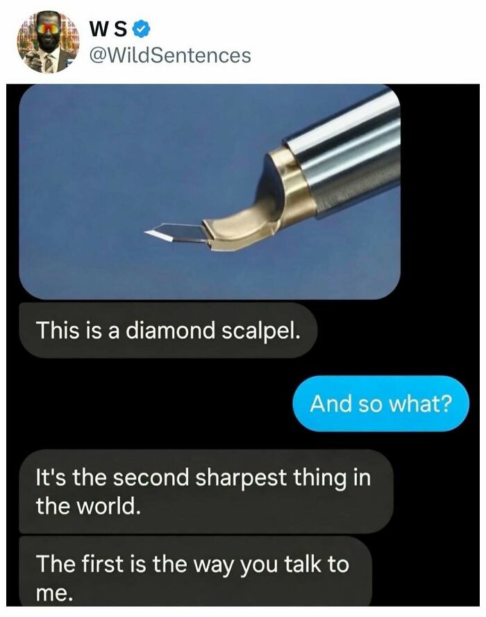 A meme featuring a text conversation about a diamond scalpel and a witty comeback, generating a laugh.