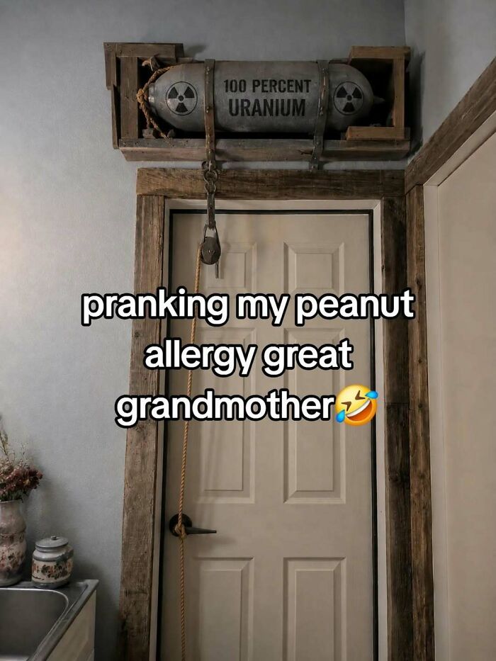 A box labeled 100 PERCENT URANIUM above a door, with a rope and padlock, illustrating unhinged and cringe memes.