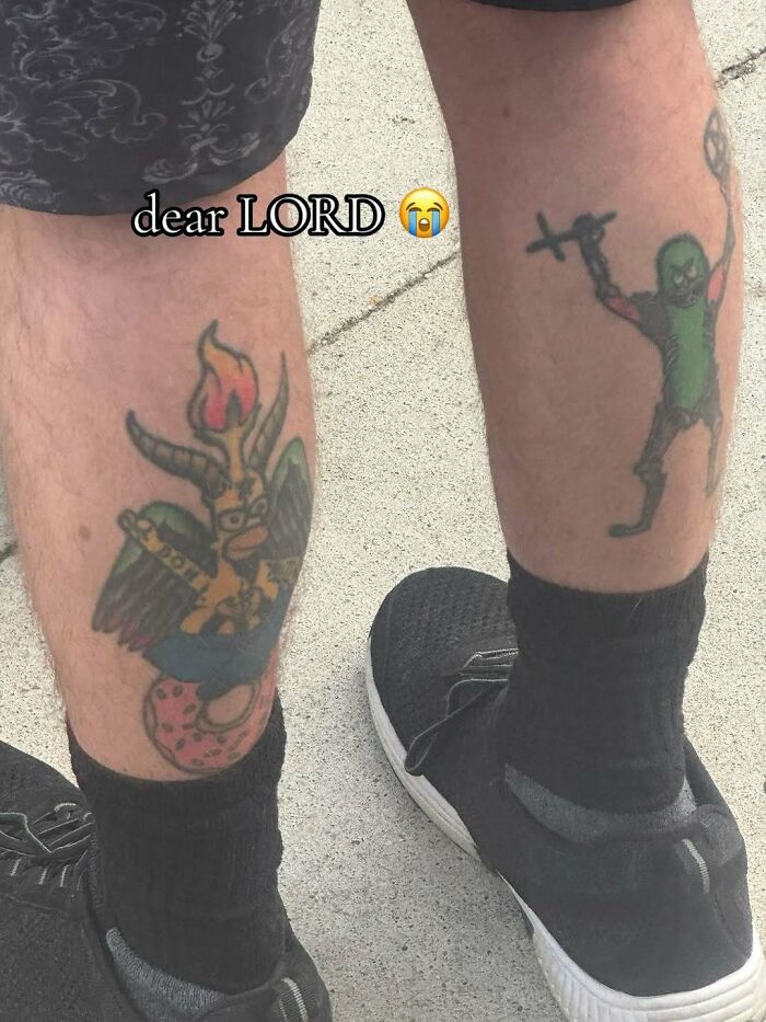 Two legs with visible, colorful, and peculiar tattoos, showcasing unhinged and cringe memes.