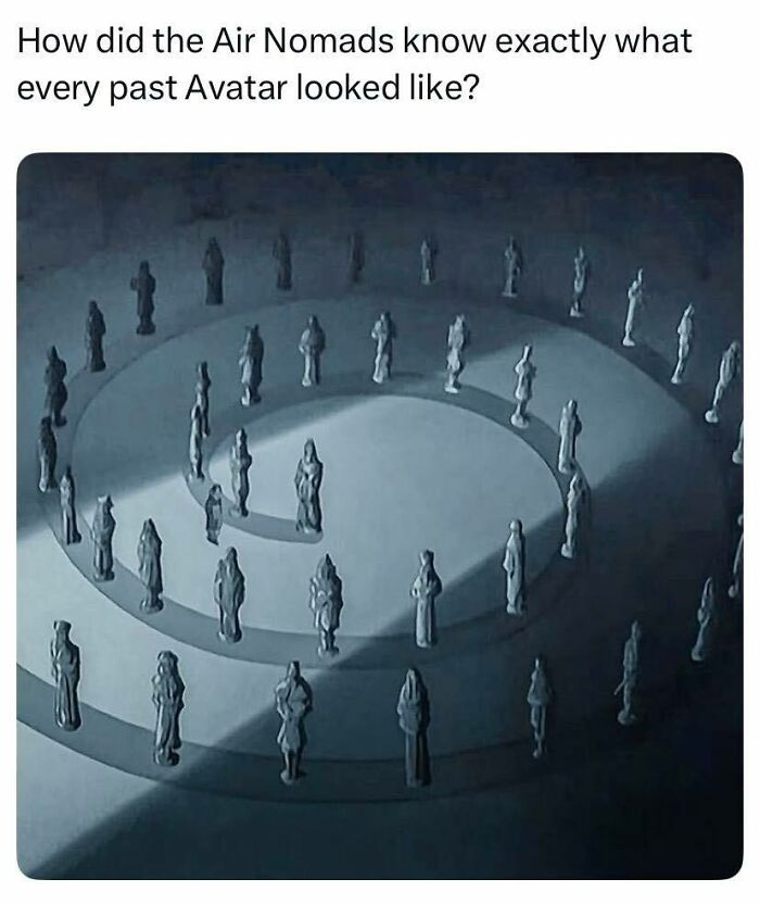 A pop culture post featuring statues of past Avatars, prompting a question about the Air Nomads.