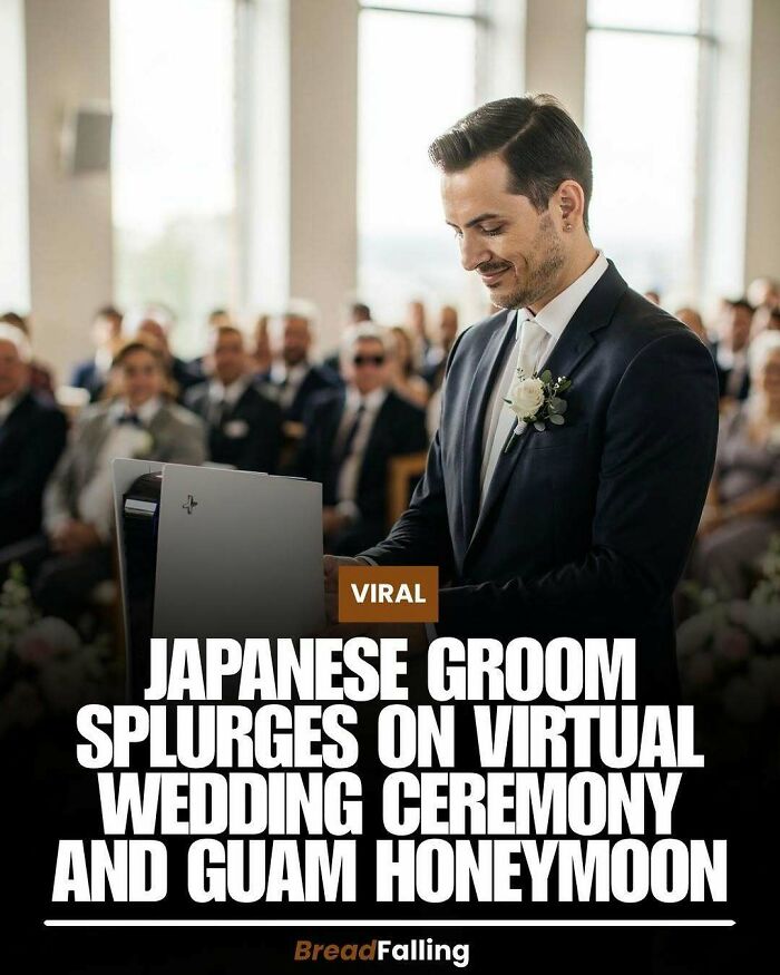 An interesting fact about a Japanese groom at a virtual wedding ceremony, looking at a screen.