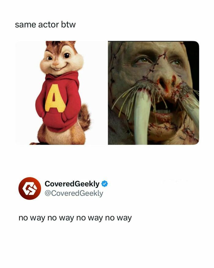 A meme showing split images of Alvin from Alvin and the Chipmunks and a walrus-like creature from the film Tusk. A hilarious pop culture post.