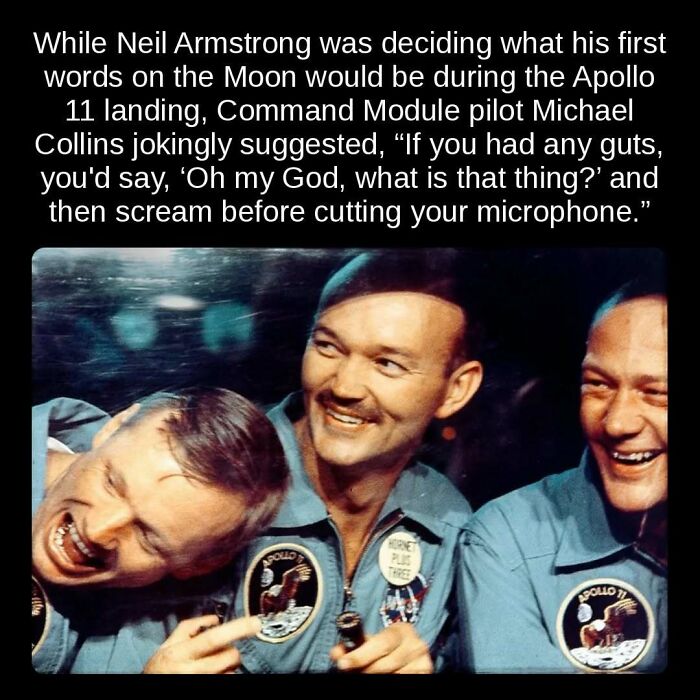 Astronauts laughing, Neil Armstrong and Michael Collins, sharing unseen facts about Apollo 11 moon landing humor.