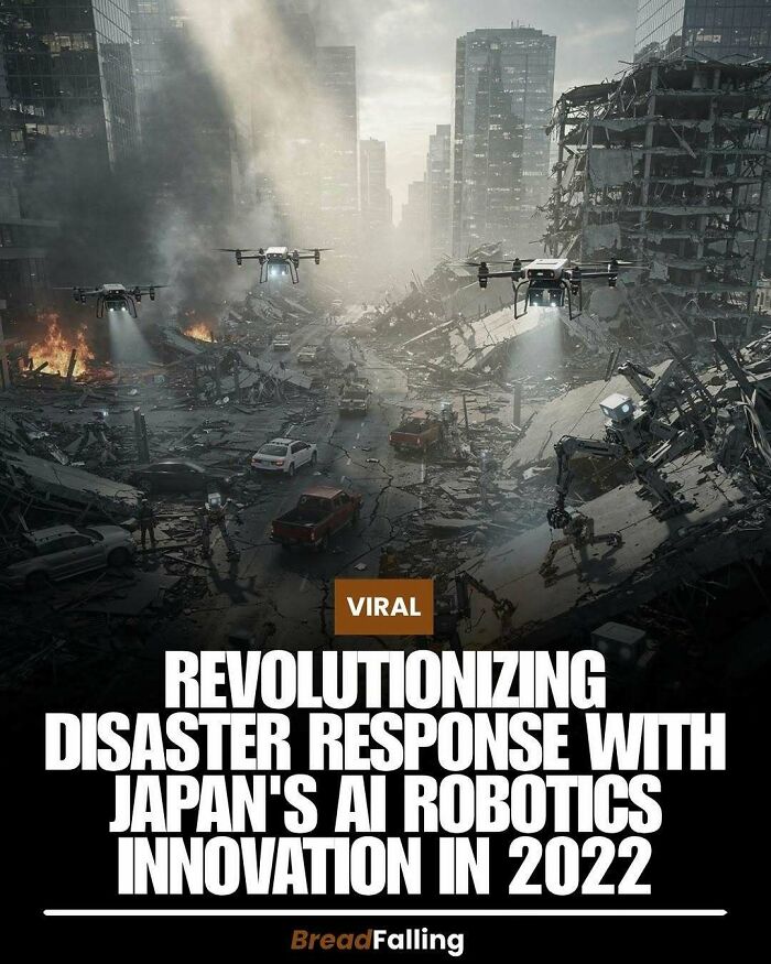 An interesting fact about AI robotics in Japan, showing drones flying over a destroyed city.