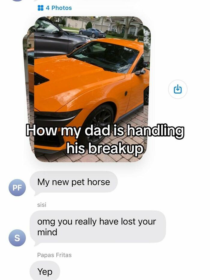 A phone screen showing a text conversation and an orange car, depicting how a dad is handling his breakup, a cringe meme.