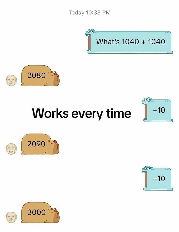 A cringe meme shows a text conversation with increasingly illogical math, ending with 2080 then 3000.