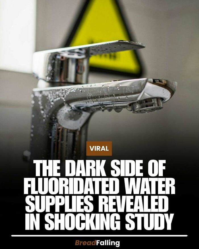 An interesting fact about fluoridated water, depicting a dripping faucet with a blurred warning sign in the background.