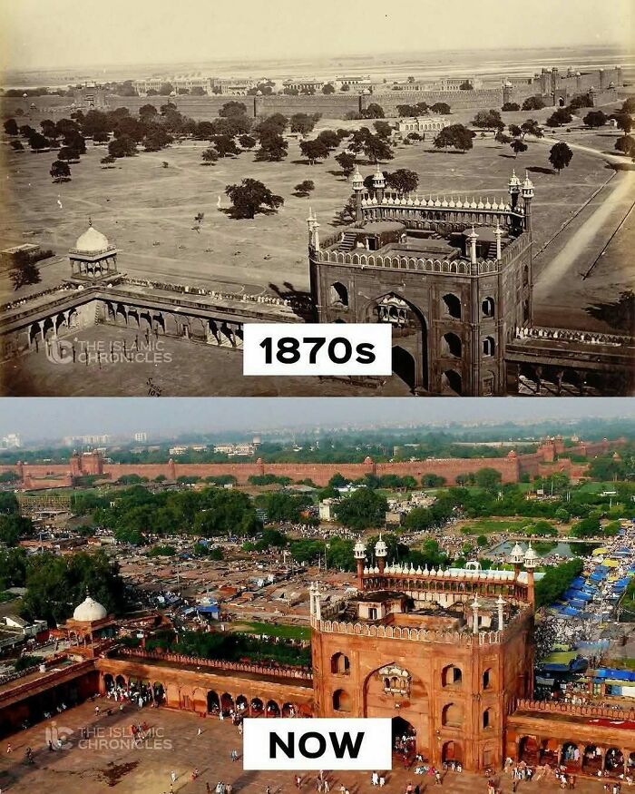 An aerial comparison of Delhi in the 1870s versus now, showcasing fascinating facts about urban transformation.