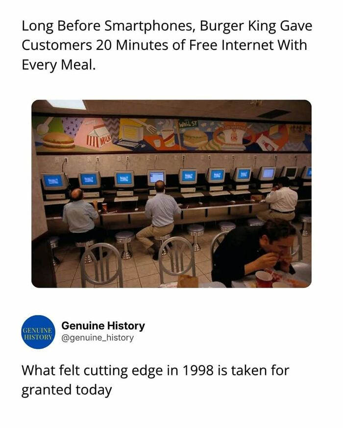 Customers using desktop computers for free internet at Burger King, a fascinating fact from the past.