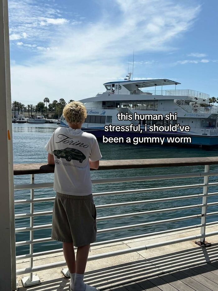 A cringe meme shows a person on a boat looking at the water with text I should've been a gummy worm.