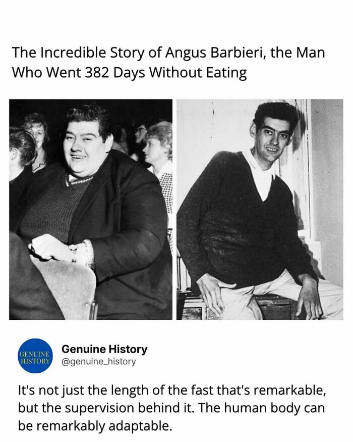 Before and after images of Angus Barbieri, showcasing a fascinating fact about human endurance.