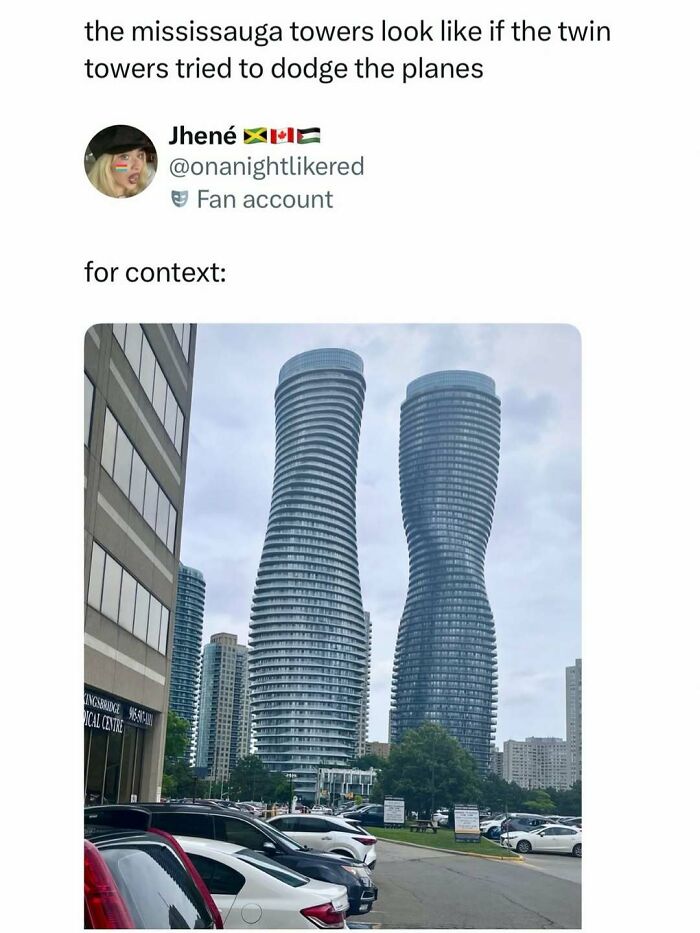 A meme featuring the Mississauga Towers, resembling twisted twin towers, for a quick laugh.