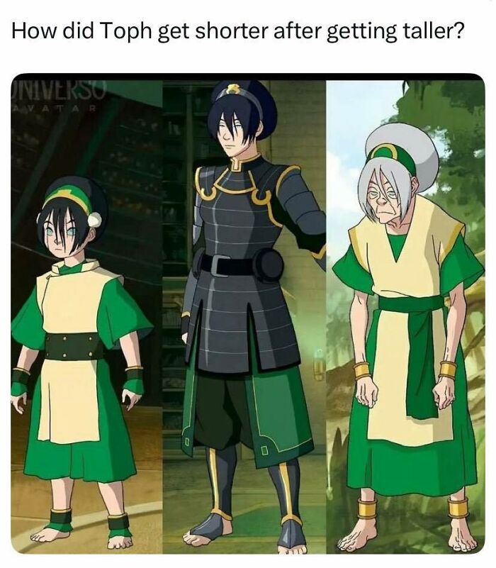 A meme featuring three stages of Toph from Avatar: The Last Airbender, depicting her getting shorter after getting taller, one of the funniest pop culture posts.