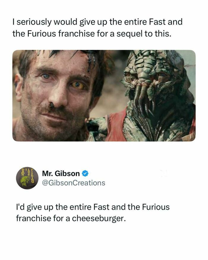 A meme with a character from District 9 and an alien, expressing a desire for a sequel. Funniest pop culture posts.