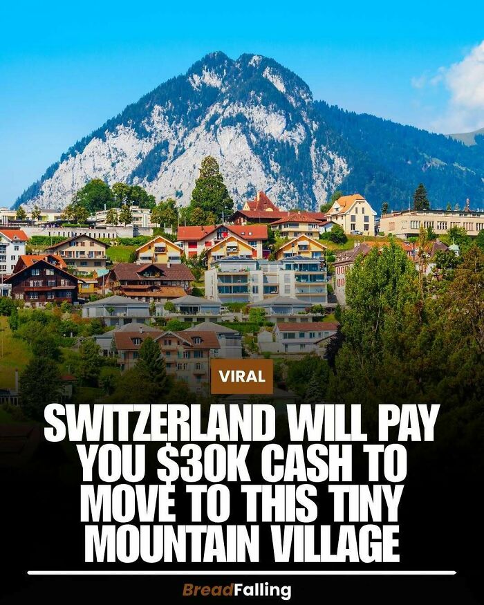 A stunning image of a mountain village in Switzerland, an interesting fact for productive scrolling.