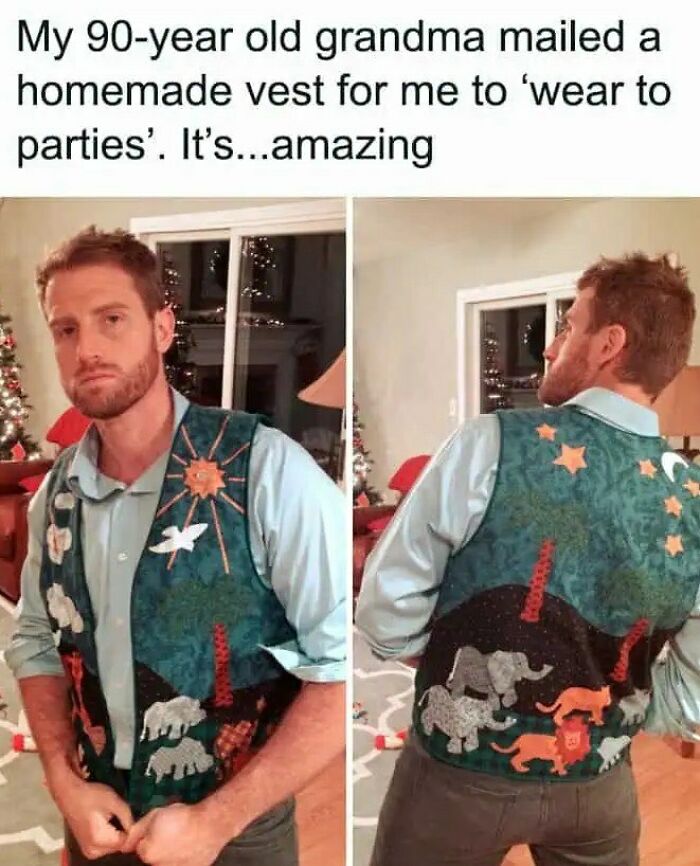 A man modeling a uniquely patterned homemade vest, a clever craft project from his grandma.