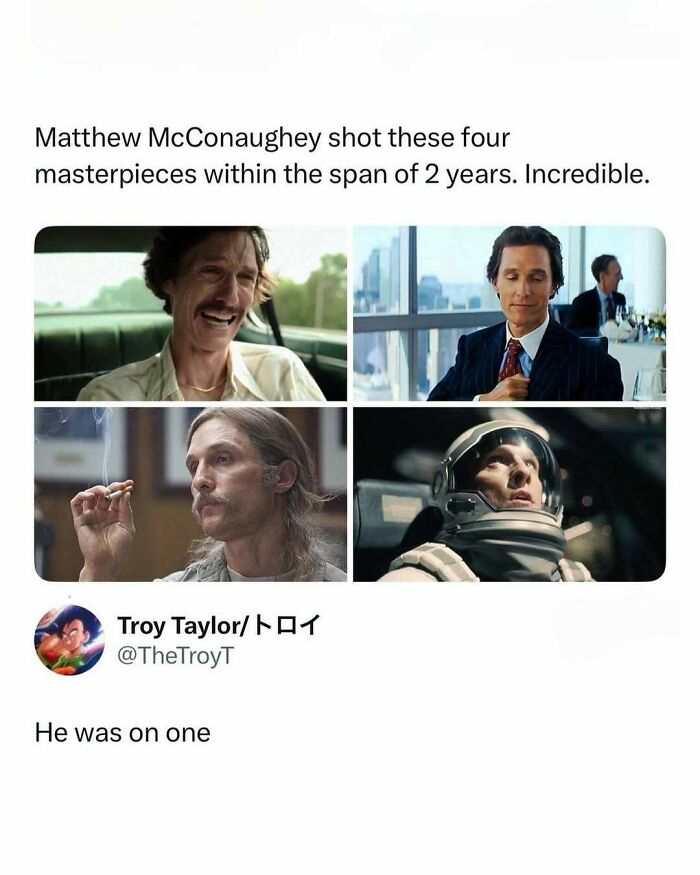 Matthew McConaughey in four different movie roles, showcasing his range in TV, movies, and media.
