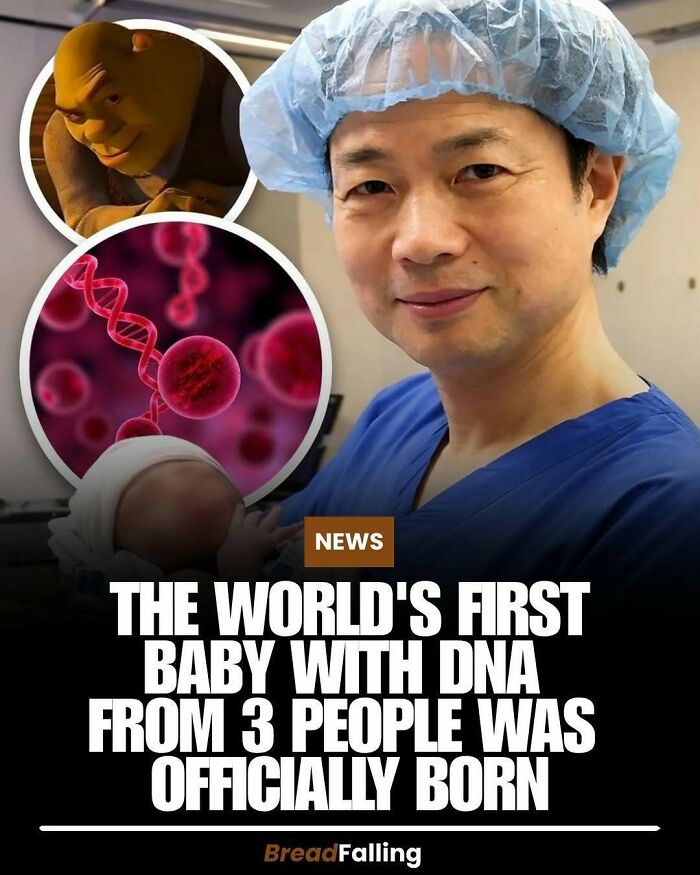 A doctor in scrubs with insets of Shrek and DNA, presenting interesting facts about the first baby with DNA from 3 people.