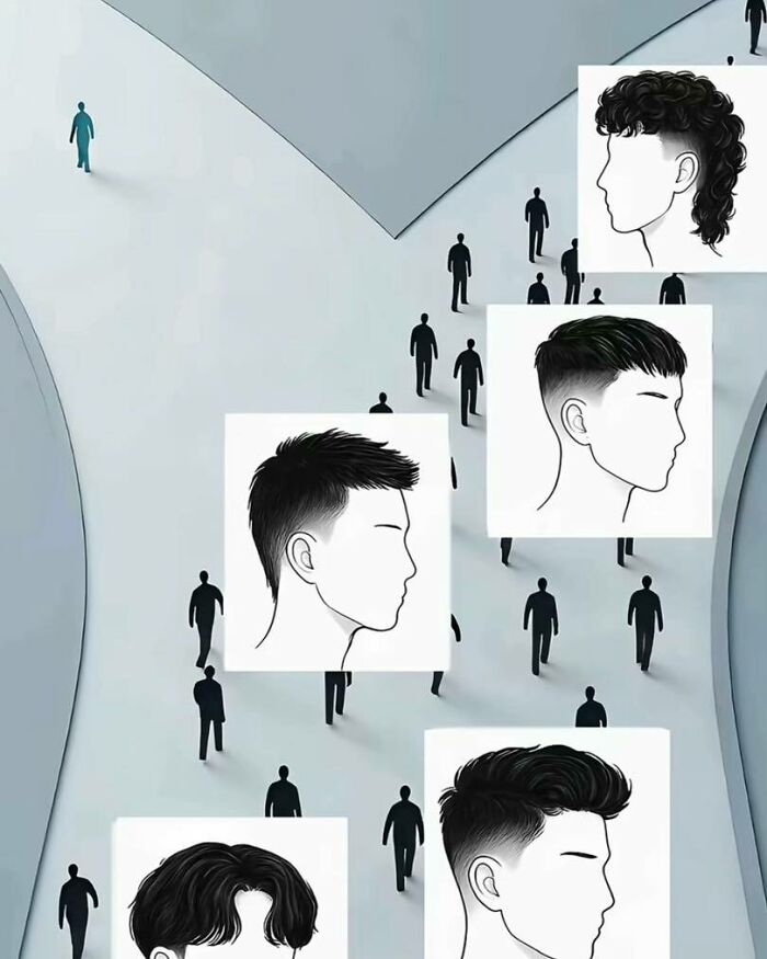 An unhinged meme showing various hairstyles, representing different choices in a path, a cringe compilation.