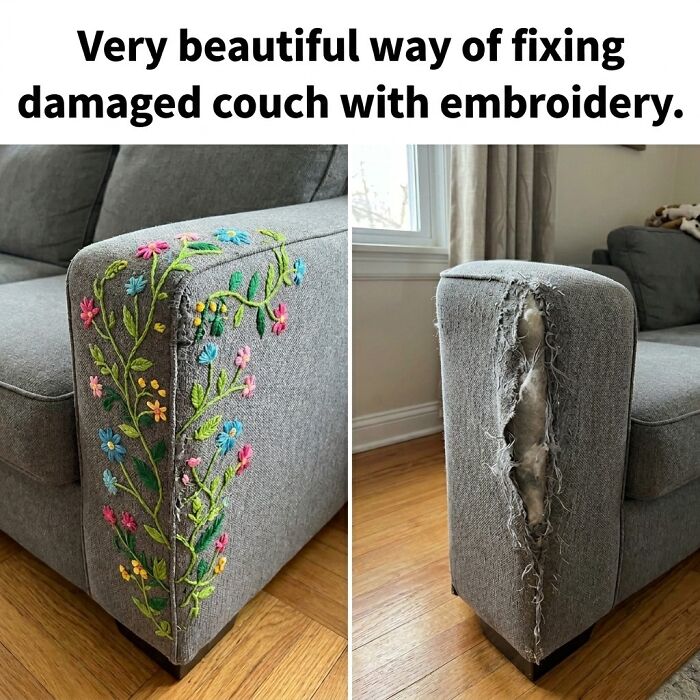 A damaged grey couch arm beautifully transformed with vibrant floral embroidery, a clever craft project.