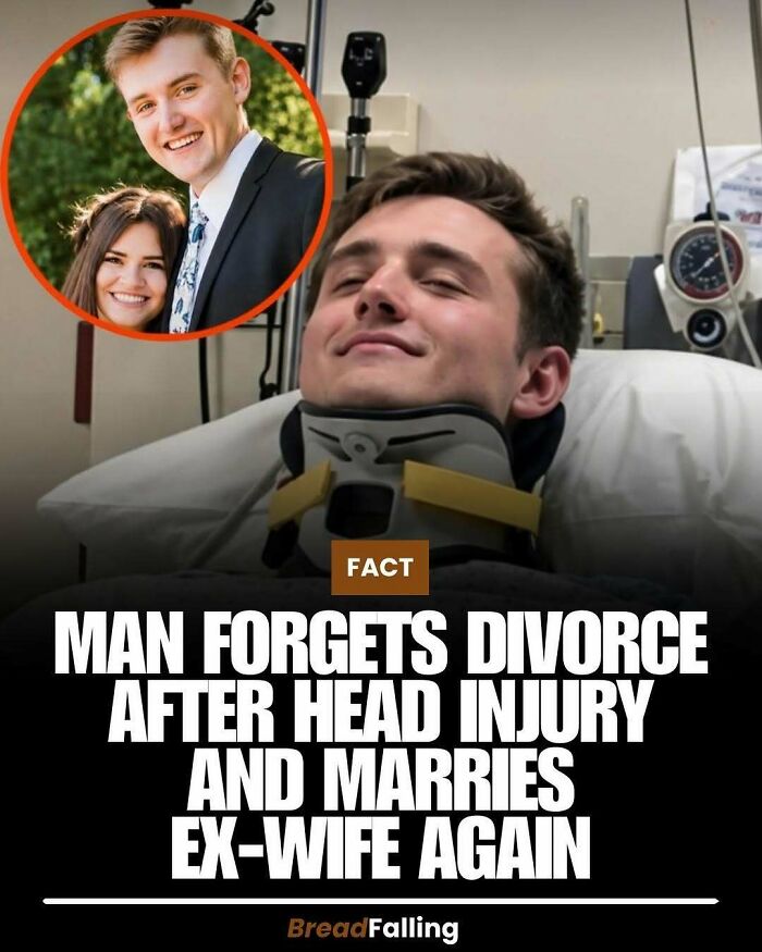 A man in a neck brace in a hospital bed with an inset photo of him and a woman, an interesting fact about forgetting divorce.