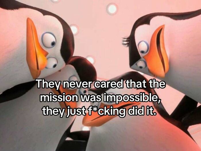 A cringe meme of penguins from Madagascar with the text: They never cared that the mission was impossible, they just f*cking did it.