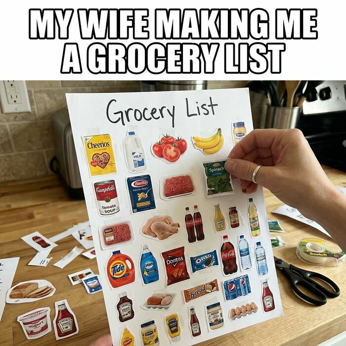 A craft project showing a detailed grocery list made with small cut-out images of food items.