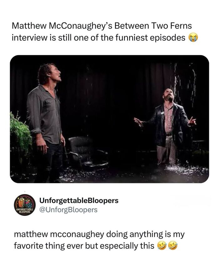 Matthew McConaughey and Zach Galifianakis drenched in water during a funny interview, highlighting memorable TV, movies, and media content.