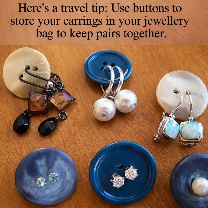 Clever craft projects for organizing earrings using buttons to keep pairs together in a jewellery bag.
