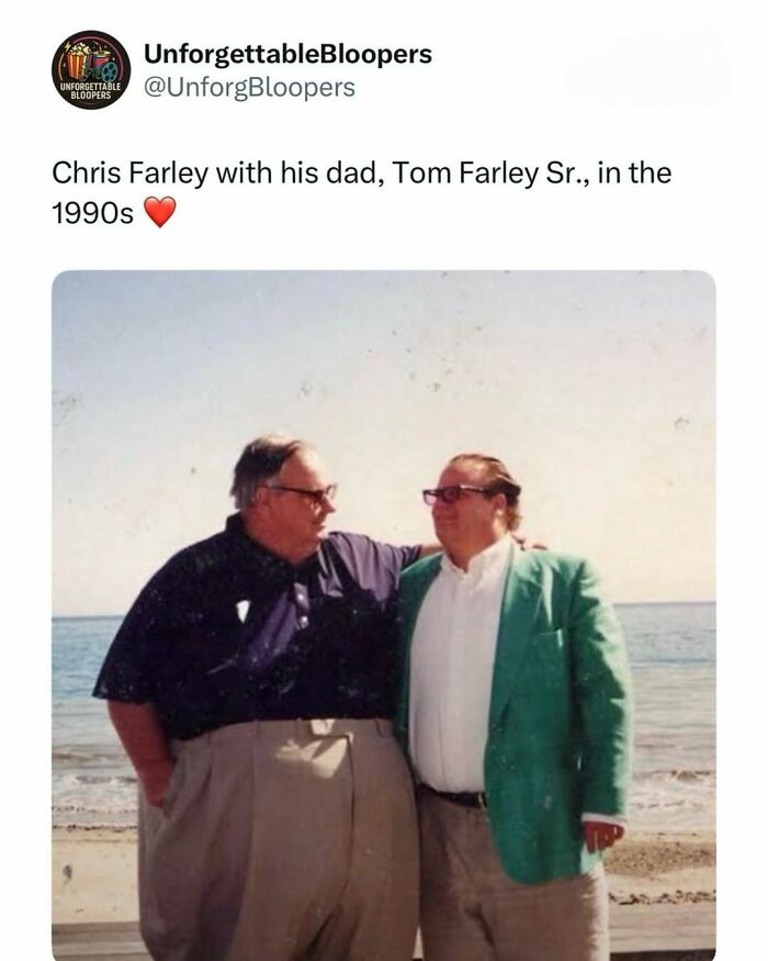 Chris Farley with his dad, Tom Farley Sr., in the 1990s, a post about TV, Movies, And Media.