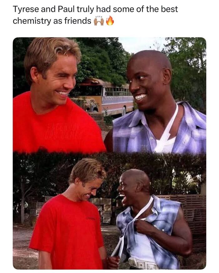 Tyrese Gibson and Paul Walker sharing a laugh, highlighting their chemistry in a scene from a movie.