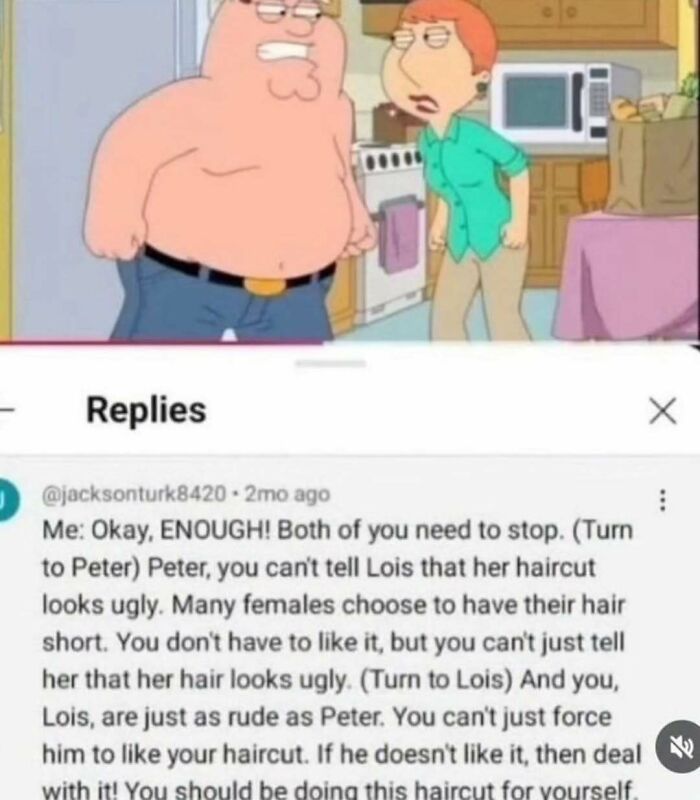 A painfully cringe post showing a Family Guy meme about Peter and Lois's argument.