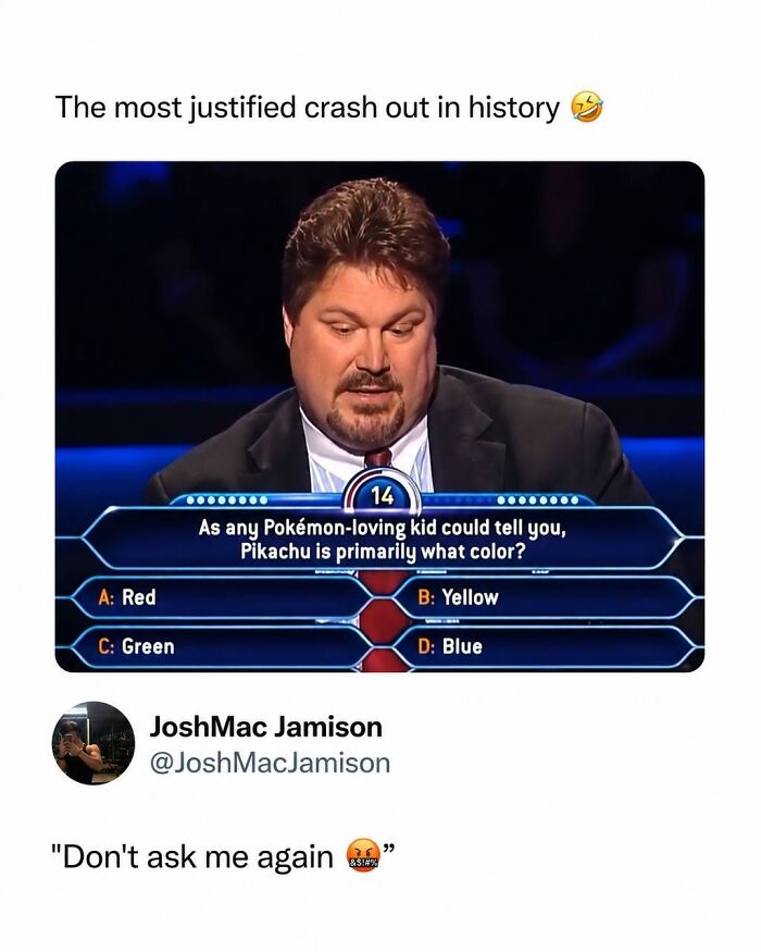 A man on a game show answering a question about Pikachu's color, an interesting post about media.